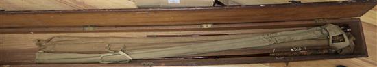 Hardy Bros. three section freshwater fishing rod and two others in oak rod box